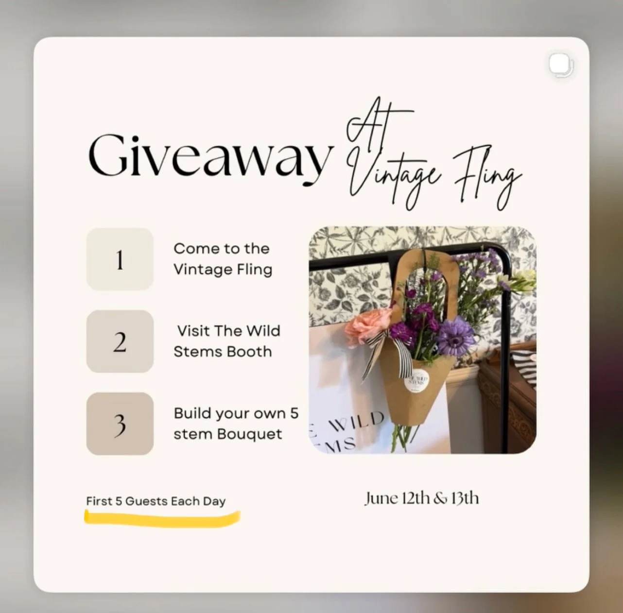 🌸 What a special treat you guys!! @thewildstems is hosting a giveaway at the City Farmhouse Vintage Fling!

🌸 The FIRST FIVE shoppers visiting @thewildstems booth
  each day of the show will win a 👇

💐 Build Your Own Five Stem Bouquet 💐 

🌸 Fol