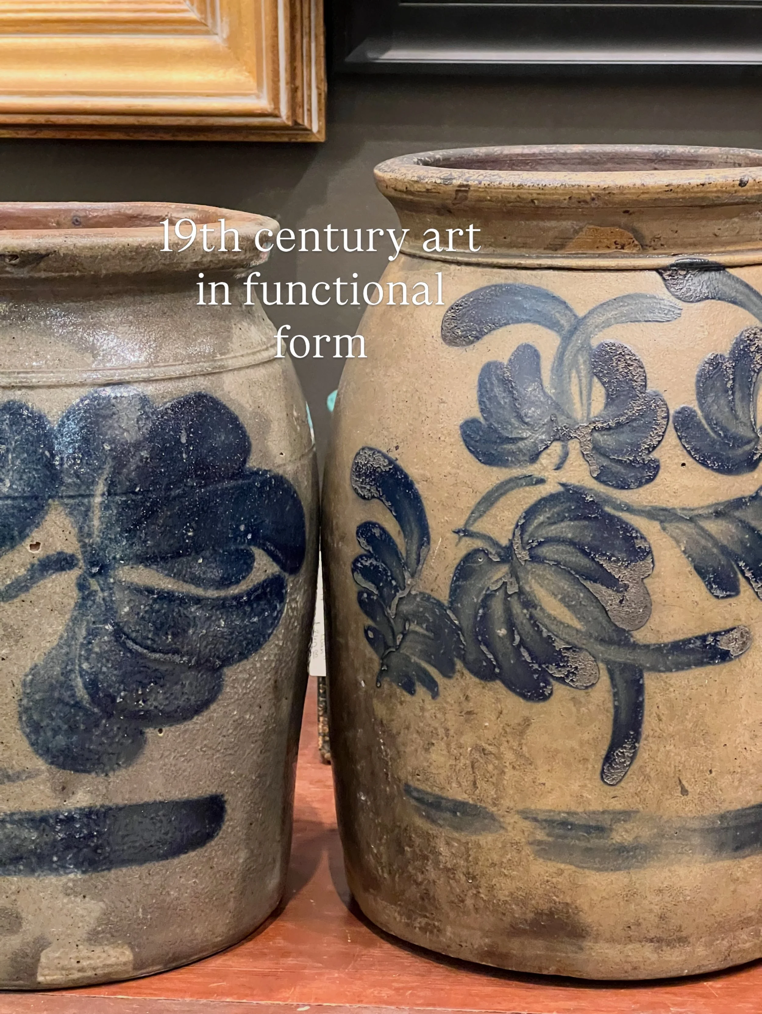 19th century cobalt decorated storage jars + a unique collection of antiques and original art. Offered by @helencurnutte at the City Farmhouse Vintage Fling. Helen hasn&rsquo;t exhibited at a show in quite awhile, so it will be a treat to shop with h