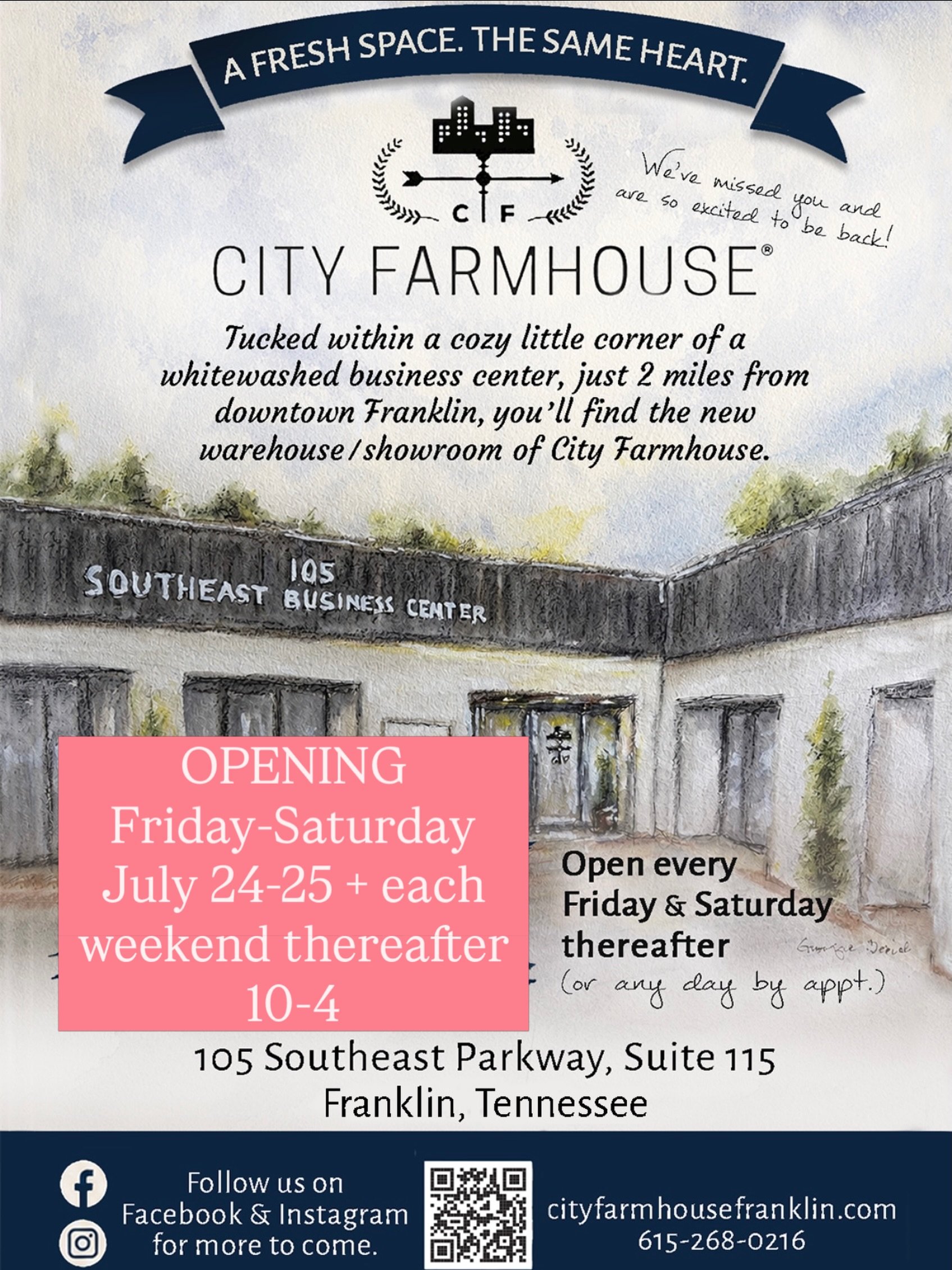 WE ARE OPENING!!! We are hosting a SOFT OPENING of our new City Farmhouse Warehouse/Showroom next weekend!

Friday July 24 10pm-4pm
Saturday July 25 10pm-4pm

and each Friday &amp; Saturday thereafter or anytime by appointment. 

105 Southeast Parkwa