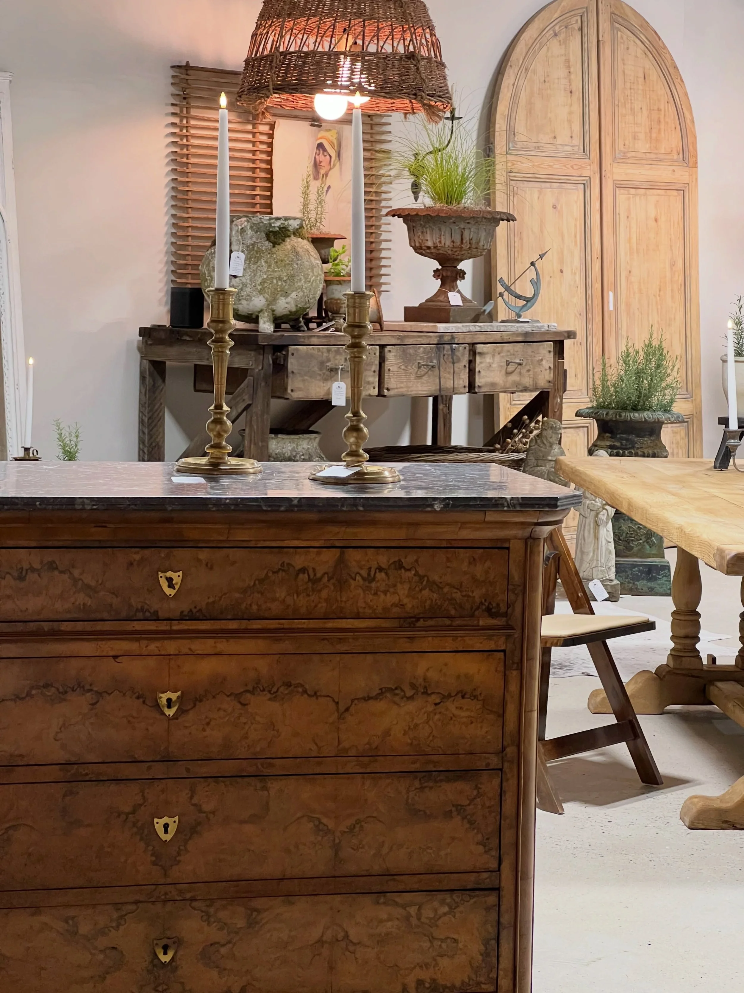 A look back at our first antique shopping event at the new City Farmhouse warehouse/showroom in Franklin, Tennessee. Everything in the photo, except for a couple of garden urns is sold, but we have a beautifully curated offering of antiques for our A