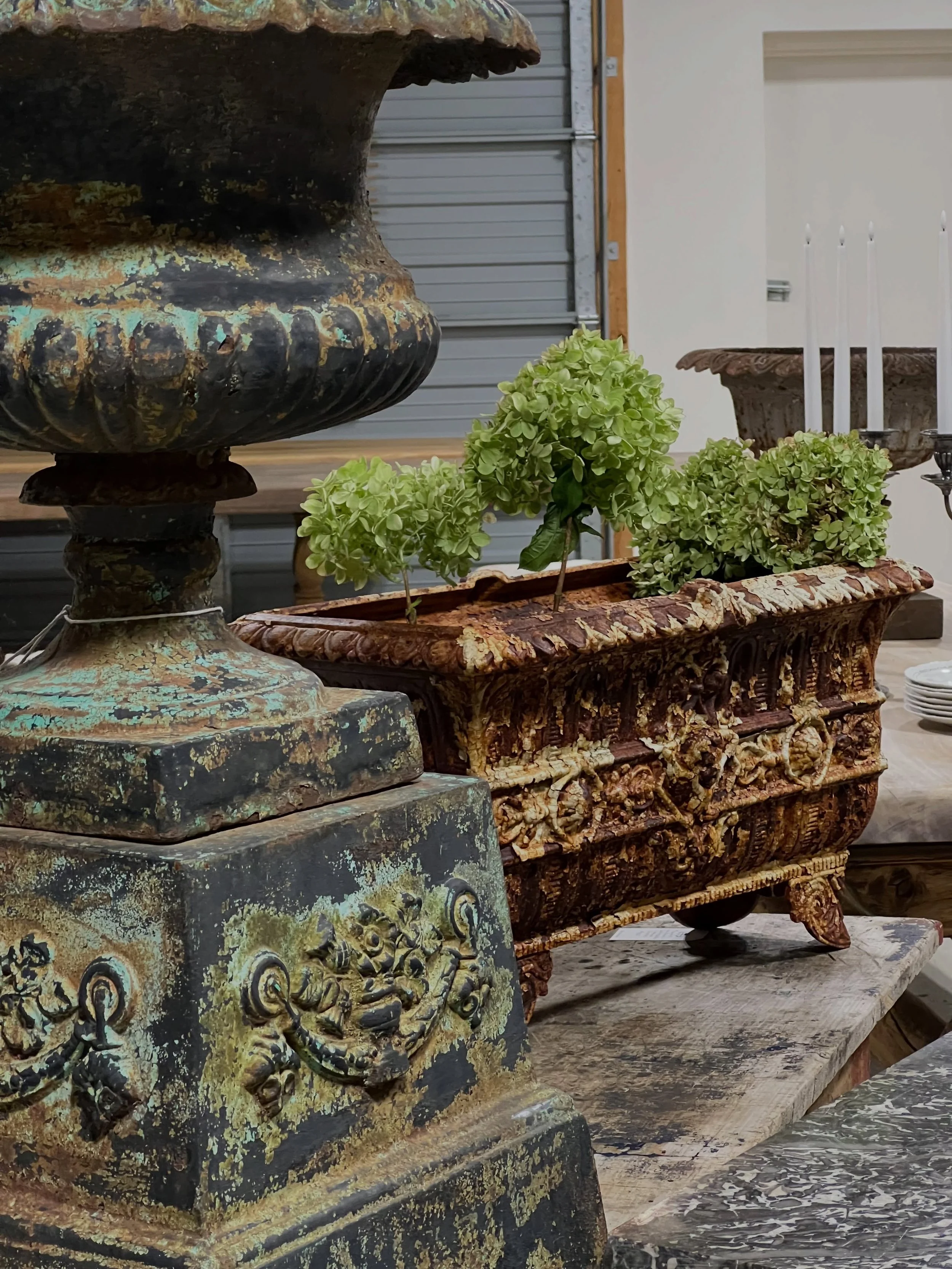 I walked past these beautiful cast iron urns today and caught this view out of the corner of my eye. It was so pretty I thought I would share it with you. Loading in and styling it all is underway! 

Our monthly &ldquo;Shop the Collection&rdquo; is c