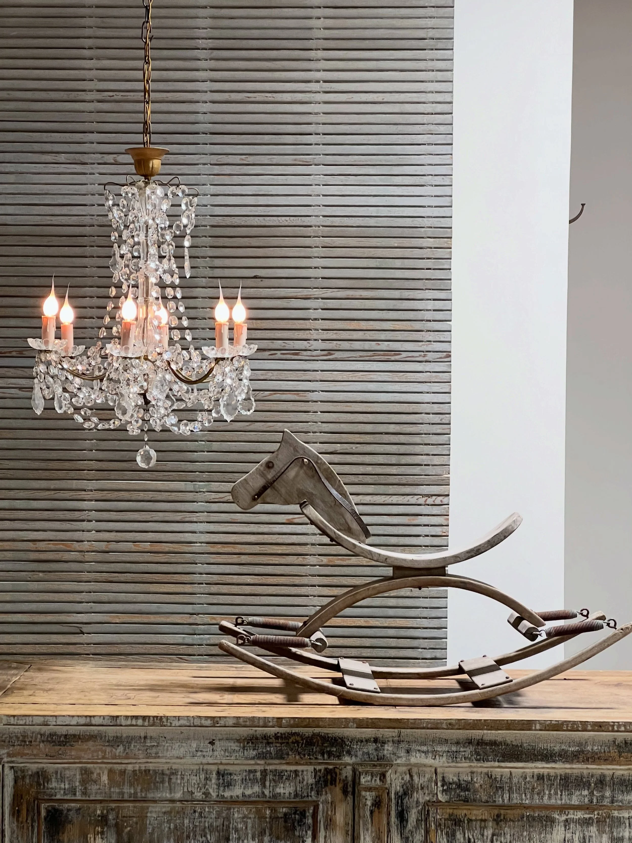 Adding in gorgeous antique French and Italian chandeliers today at the City Farmhouse Warehouse/Showroom. I love this smaller French one. And, yes I&rsquo;m still in love with the sculptural art-like handmade horse. Excited about our collection. We t