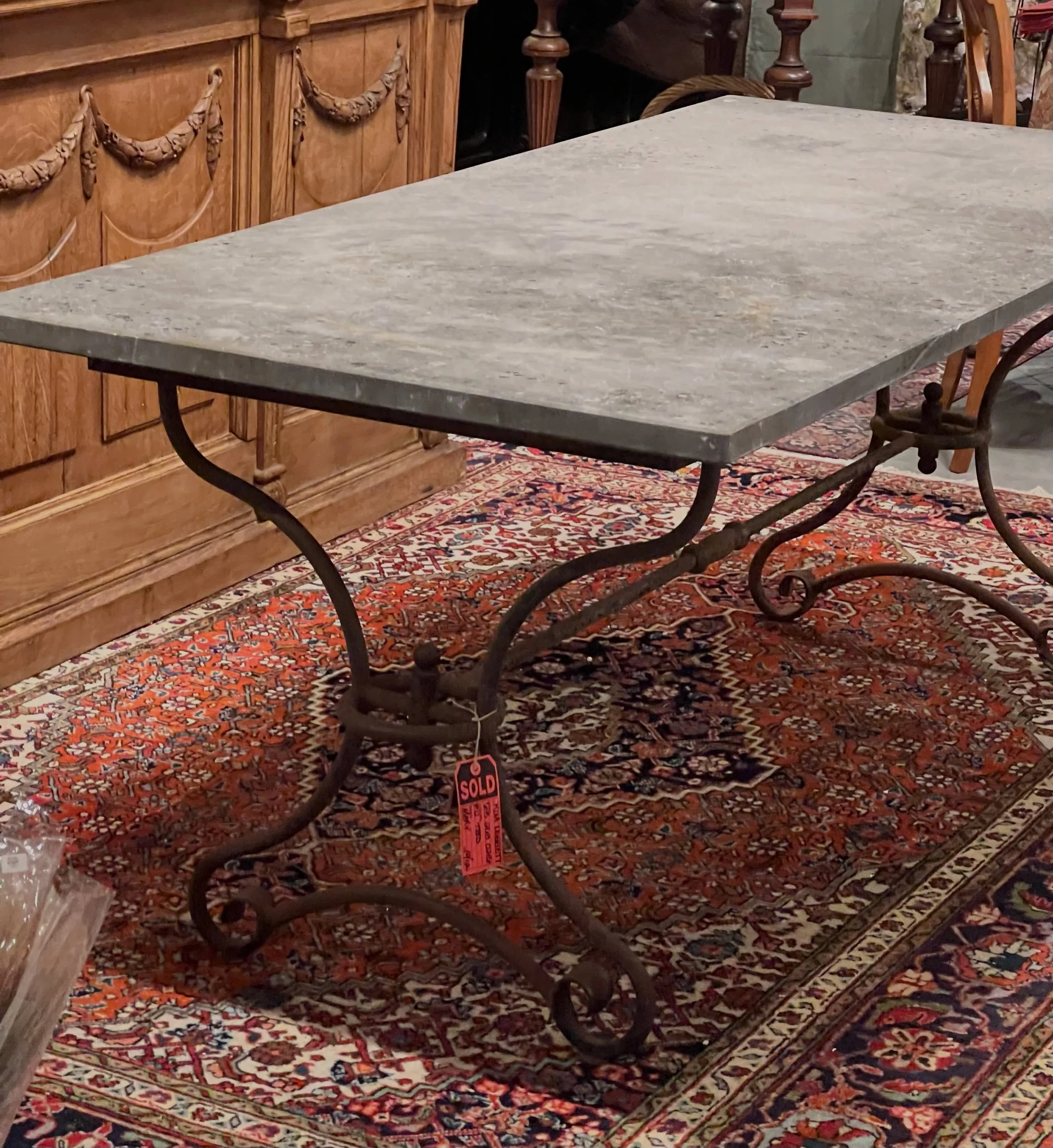 Not a great picture of the most gorgeous 1800s 6&rsquo; Blue Stone French Garden Table with cast iron base. All original! Beautiful! Bringing back some really unique pieces this trip! Can&rsquo;t wait for the &ldquo;Shop the Collection&rdquo; Fall Ki