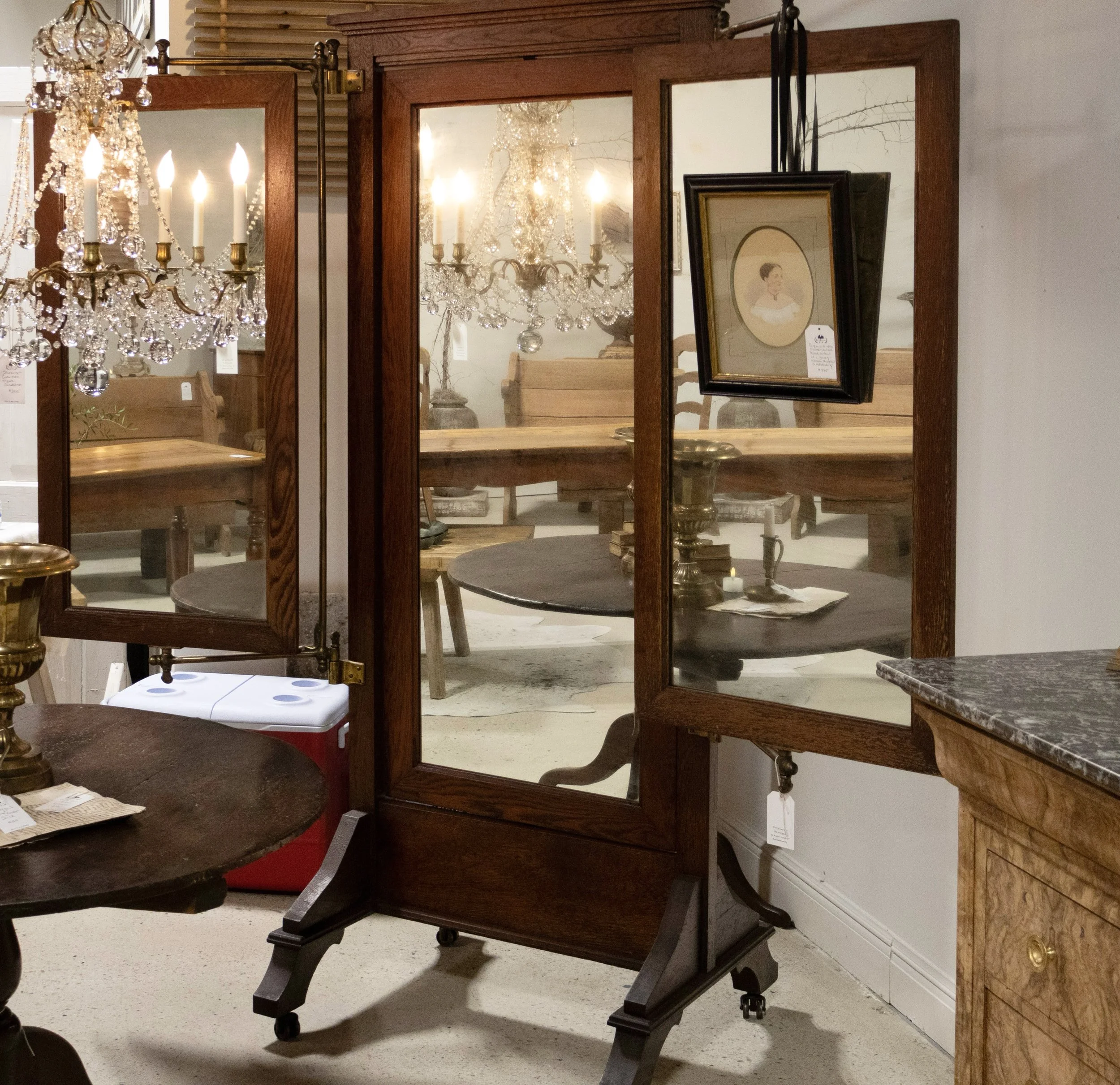Captured beauty at City Farmhouse. Antique triple-panel haberdasher&rsquo;s cheval dressing mirror, dating to the late 19th century. A cheval mirror is a free-standing, full-length floor mirror that hangs within a swivel frame, allowing the looking g
