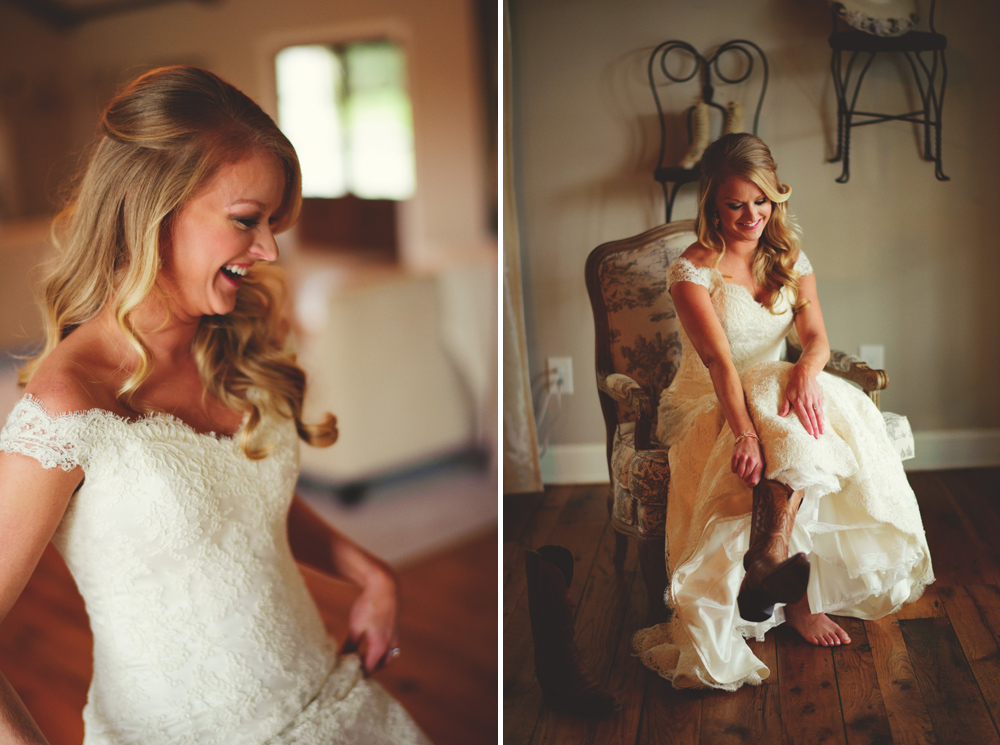 mint springs farm wedding: bride putting on boots