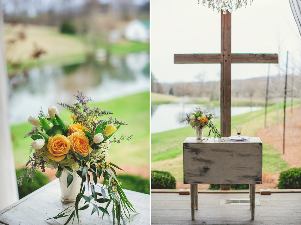 mint springs farm wedding: ceremony cross and flowers