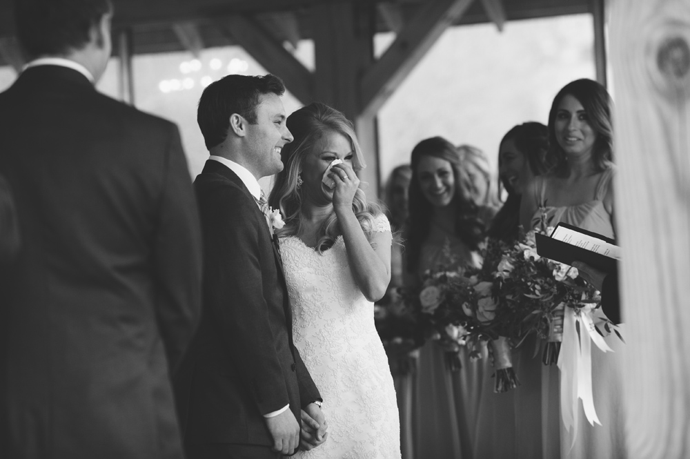 mint springs farm wedding: bride crying ceremony