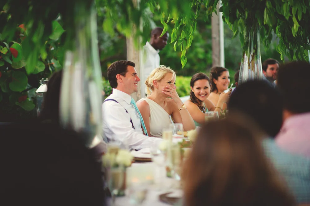 ocean view club wedding : bride laughing at speech