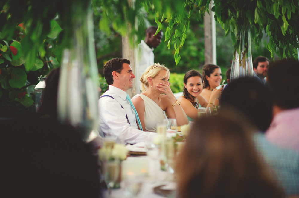 ocean view club wedding : bride laughing at speech