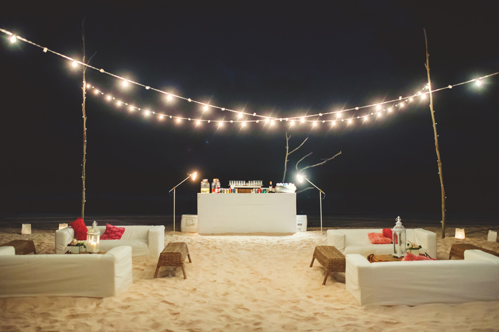 ocean view club wedding : beach decor at night