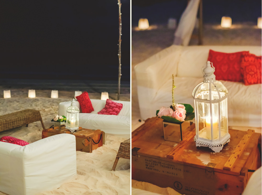 ocean view club wedding : seating and lanterns at night