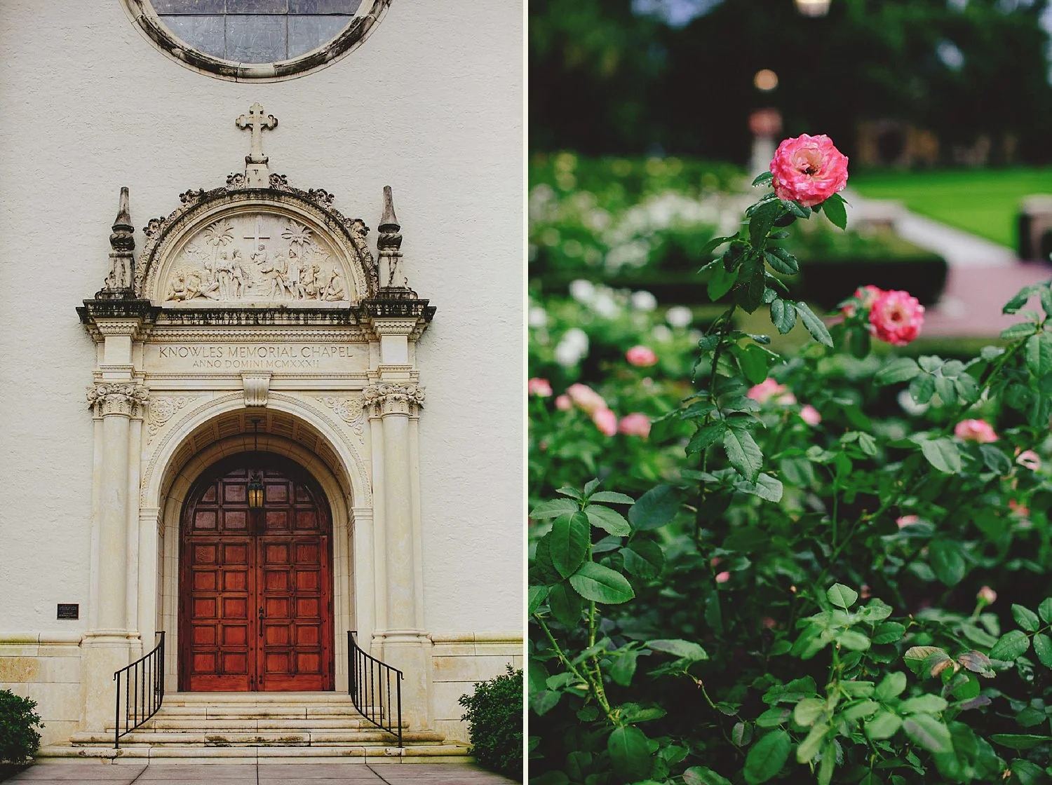 knowles memorial chapel door and roses