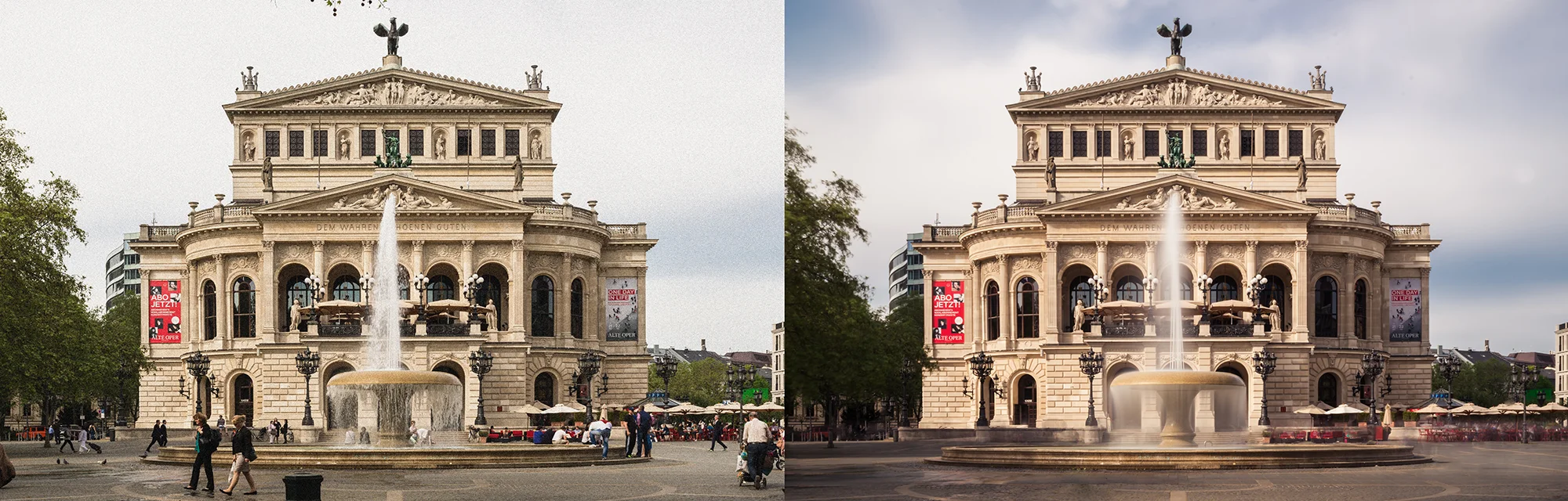 Durch extrem lange Belichtungszeiten wirken öffentliche Plätze wie leergefegt. Links: normales Foto; Rechts: Langzeitbelichtung.