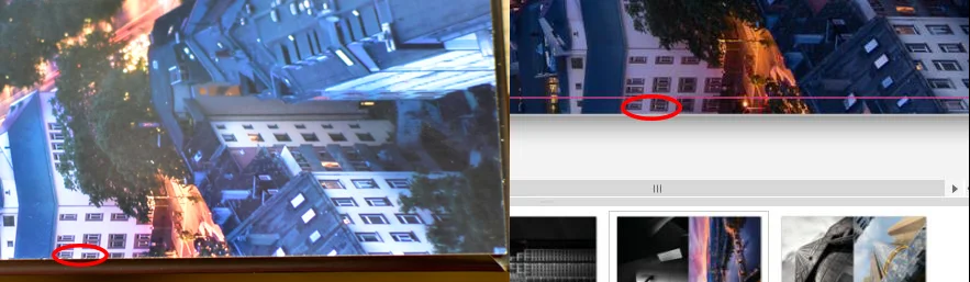 Im Fotobuch (links) sind im linken unteren Gebäuden drei Fensterreihen zu sehen. Gemäß der Software (rechts) befinden sich nur zwei Fensterreihen im Bild, das dritte Fenster hätte außerhalb des Bildausschnittes liegen müssen.