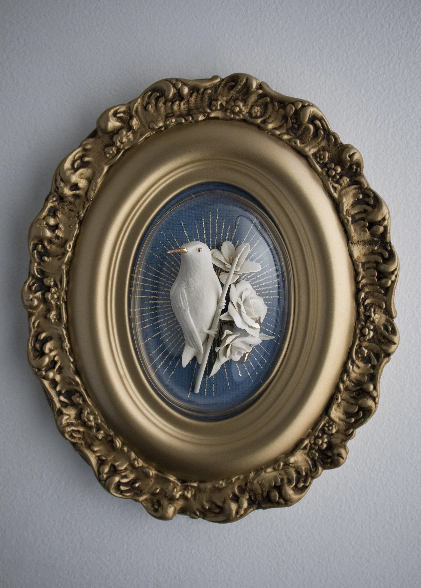 Hummingbird, Twig. Blue and Gold. (5"x7" int. large frame).