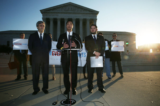 U.S. Rep. Joaquin Castro (D-TX) (C) speaks as Rep. Ruben Gallego (D-AZ) (R) and Mexican American Legal Defense and Education Fund President and General Counsel Thomas Saenz (L) listen during a news conference in front of the Supreme Court on Dec. 8, 2015 in Washington, DC. The Congressional Hispanic Caucus held the news conference on the day the Supreme Court hears oral arguments on Evenwel v. Abbott. CreditAlex Wong/Getty Images