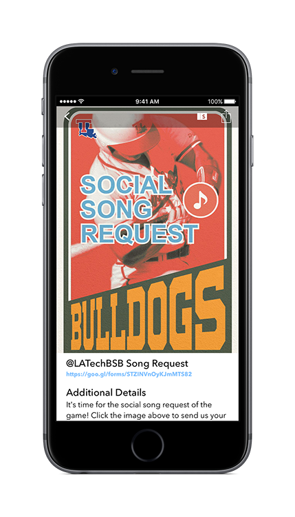 For the 2017 baseball season, Louisiana Tech introduced a new wrinkle into their app for fans - song requests! Image courtesy David Pillen