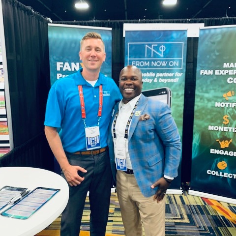 Director of Business Development Jeremy Mohr and Markus Jennings, Sacramento State Associate A.D/External Affairs strike a pose.