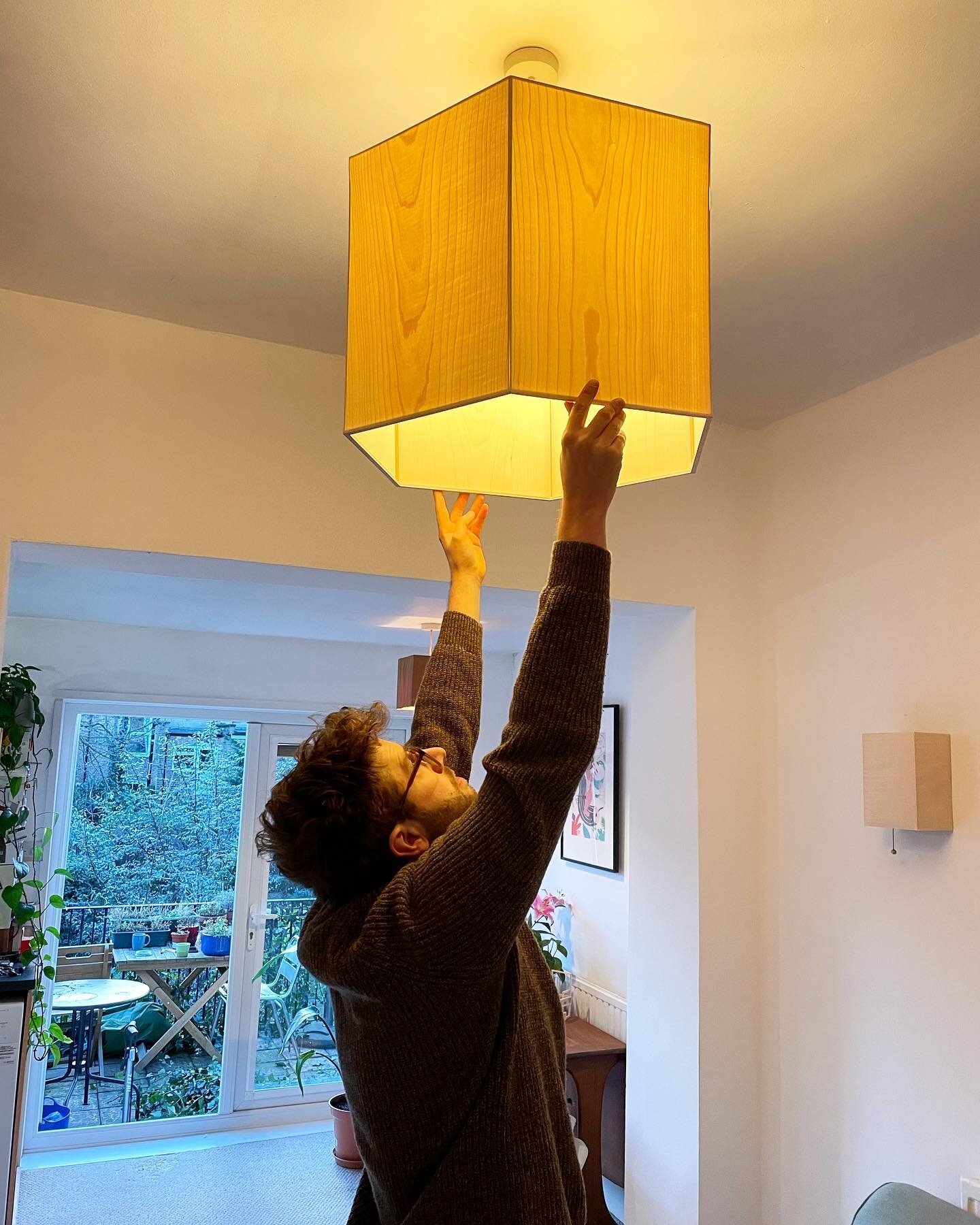 Finished fitting the sycamore veneer panels to my tulip wood light shade frame. 

Testing out what the shade will look like once I have the bulb holder to keep it suspended. Pleased with the results!