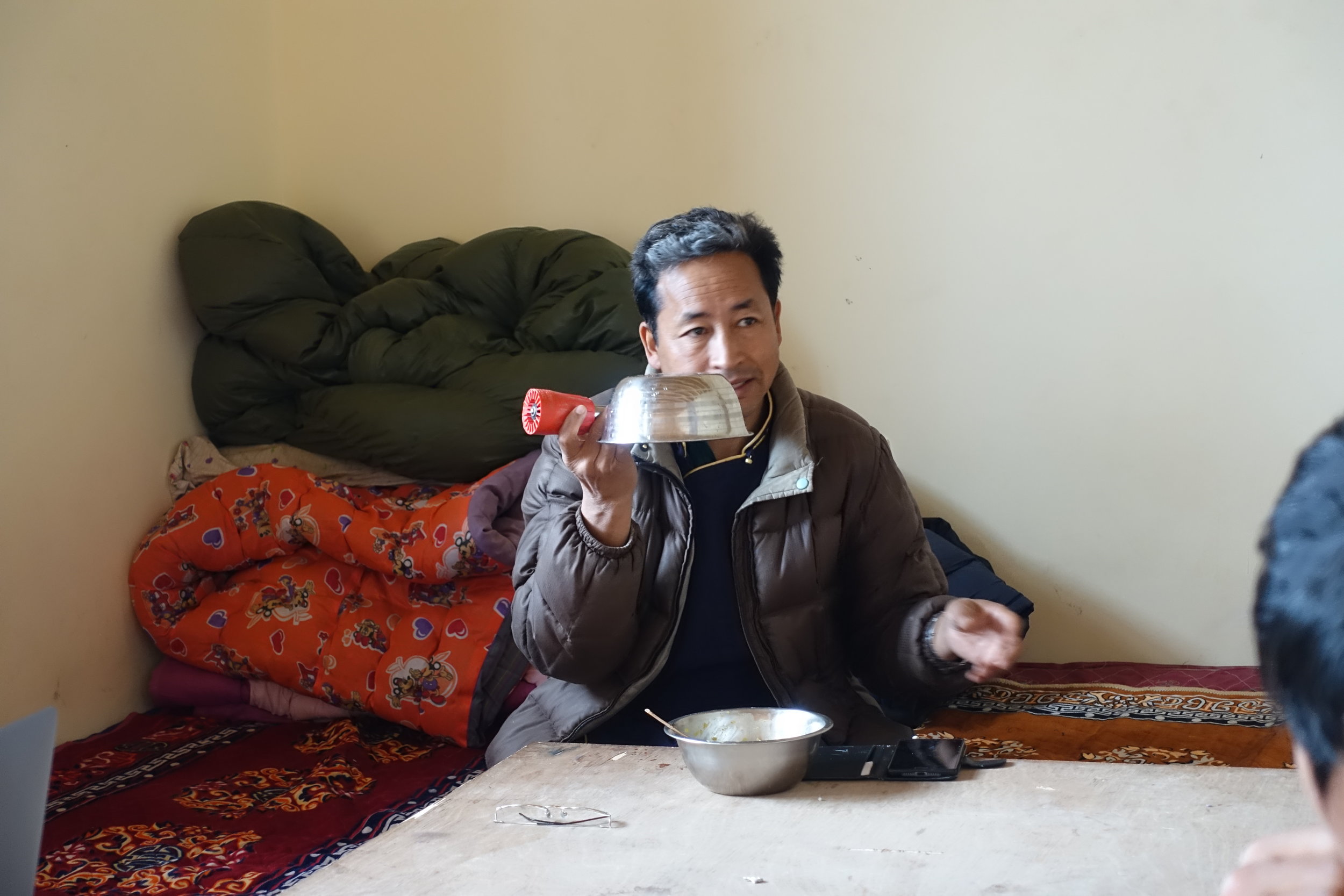 Sonam Wangchuk, comfortable as ever explaining fluid dynamics with used lunch dishes