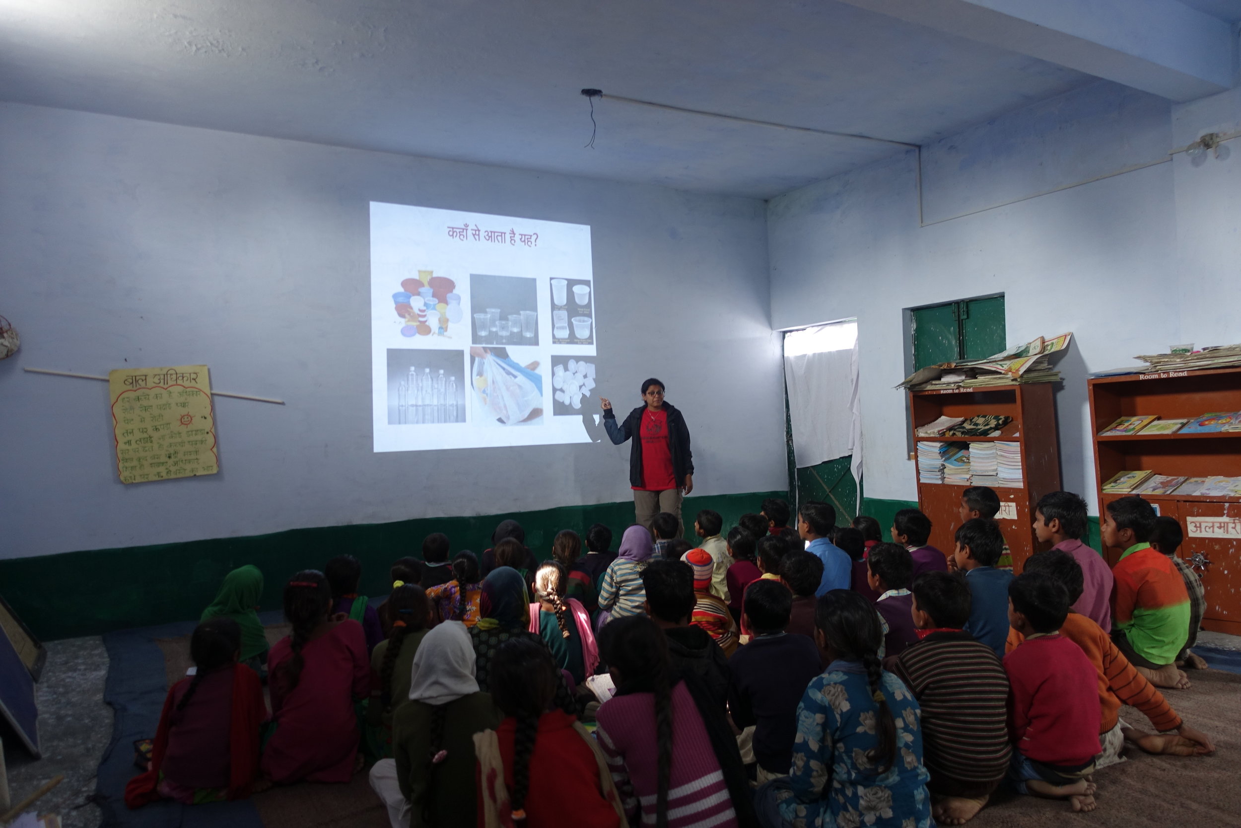 Raising awareness about garbage pollution (here led by Gitanjali, another member of NSI's outreach team) from a young age is crucial.