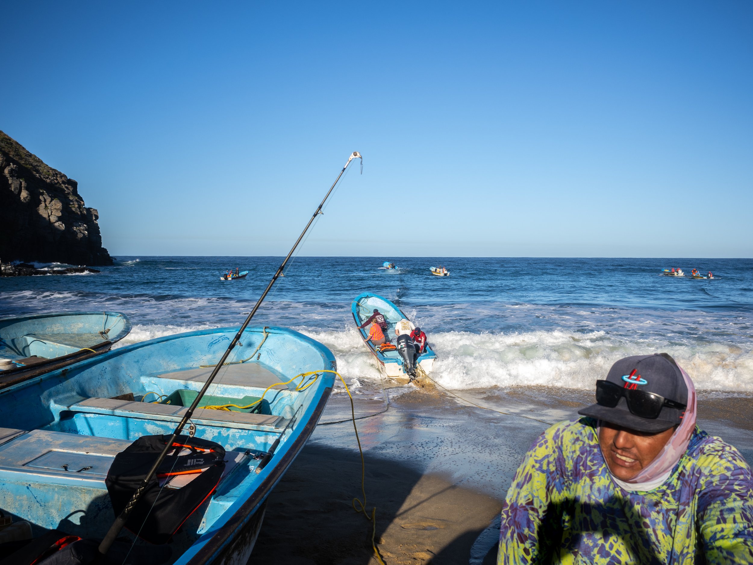  Fishing guides launch panga boats at Punta Lobos, Baja California Sur. 