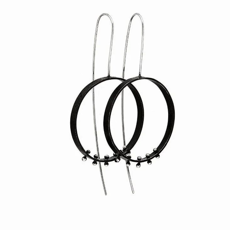 Black Oxidized Finished Round Moon Threader Earrings by Elke Van Dyke Design
