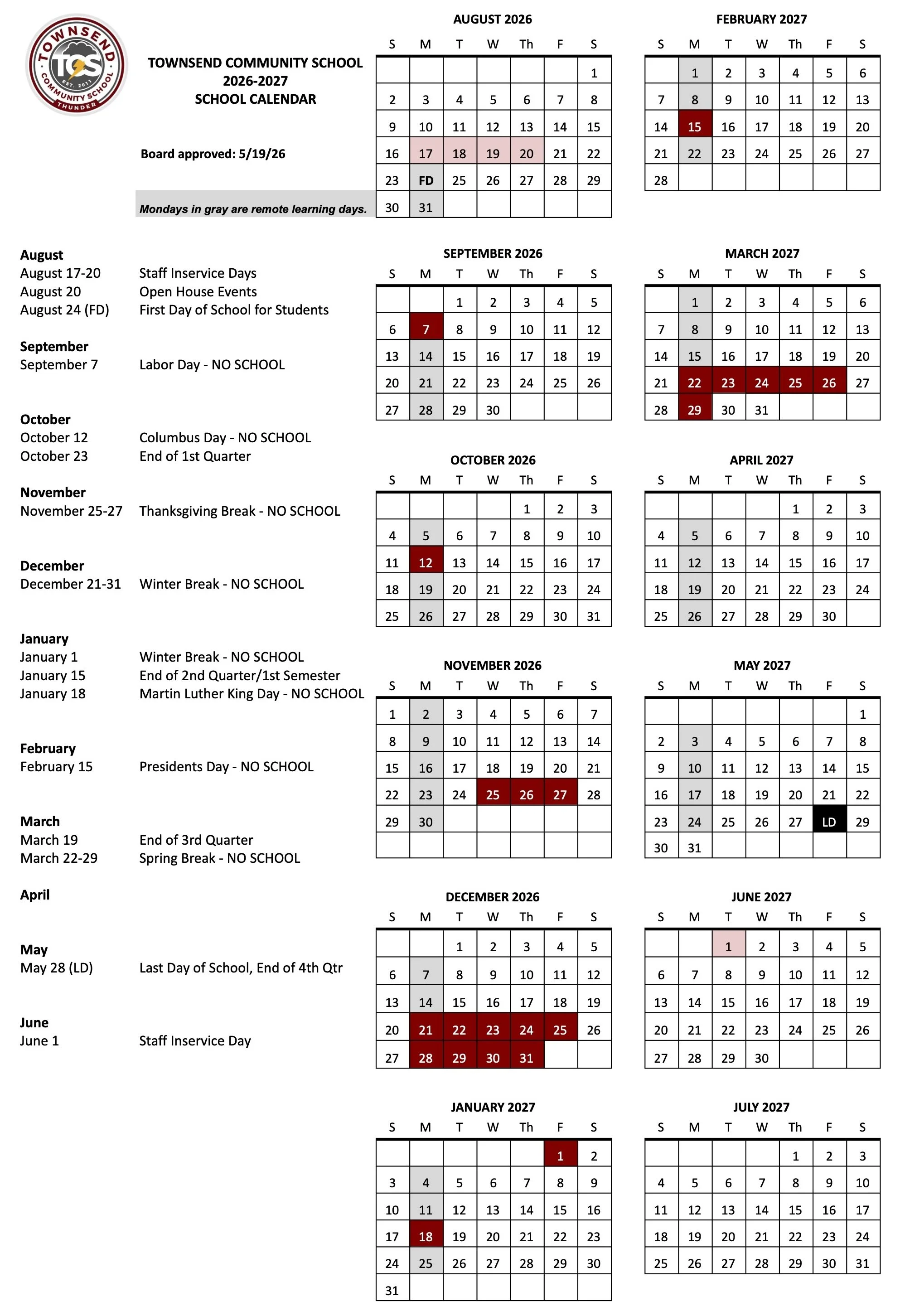 Townsend Community School 2026-2027 District Calendar. Text-only link provided below.