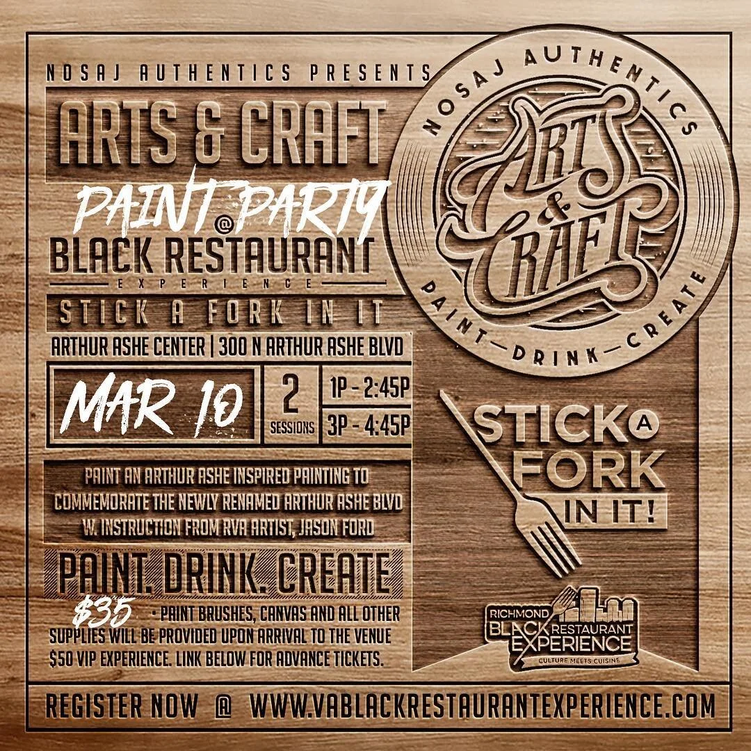 *USE FRIENDS AND FAM code RBRE19 at check out for $10 off your paint ticket to PaintDrinkCreate w. @jfordtheartist for @rbrexperience at the Arthur Ashe Center | Mar 10th | 3p | Limited seating for artist! We&rsquo;ll be painting an Arthur Ashe PxN t
