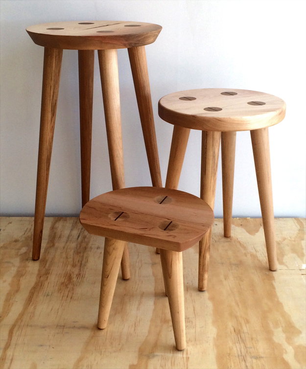 Custom designed Shaker-style maple display stools with wedged through tenon legs.