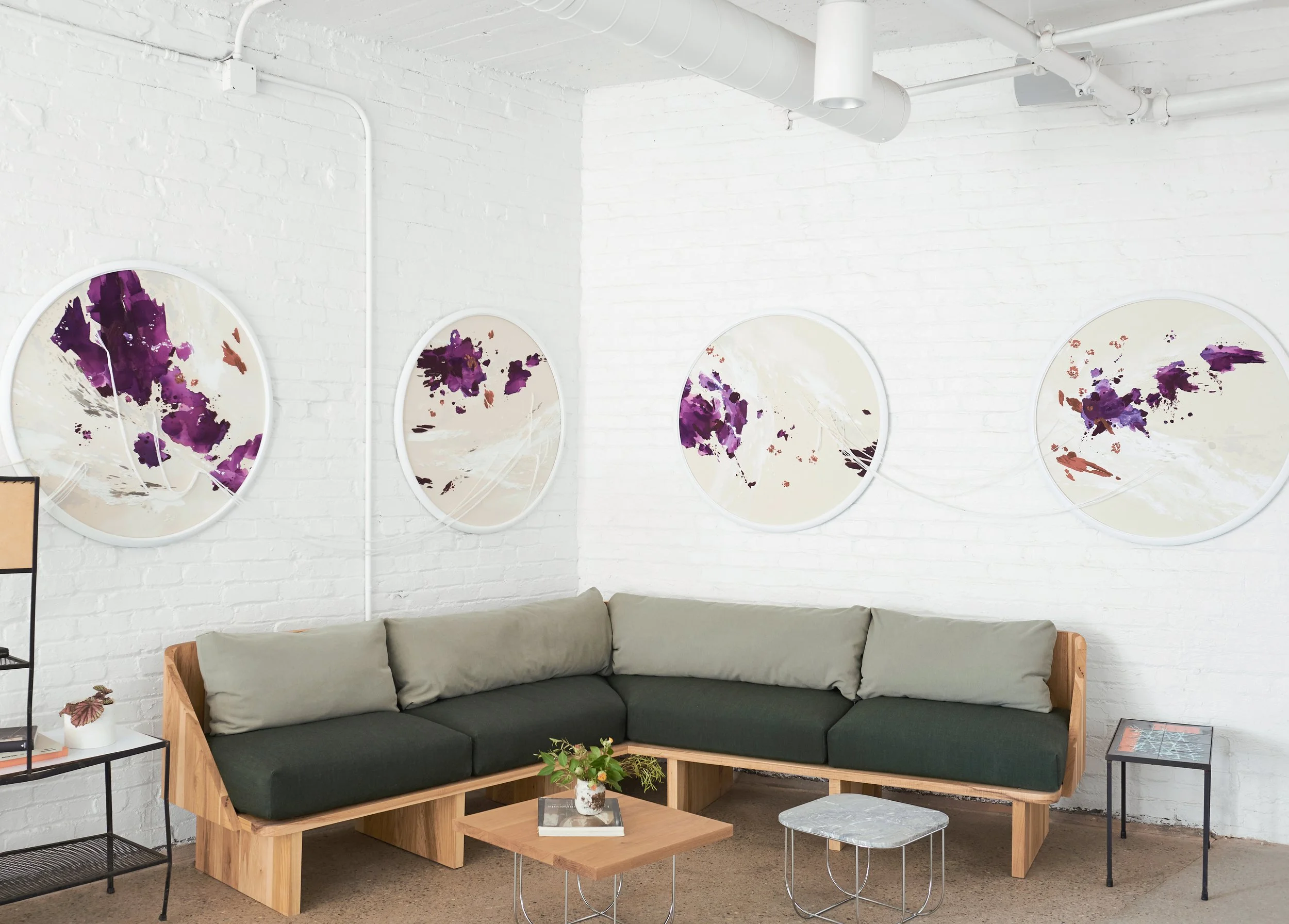 Custom designed coopered hickory sofa with slab leg base and upholstered seat and back cushions.