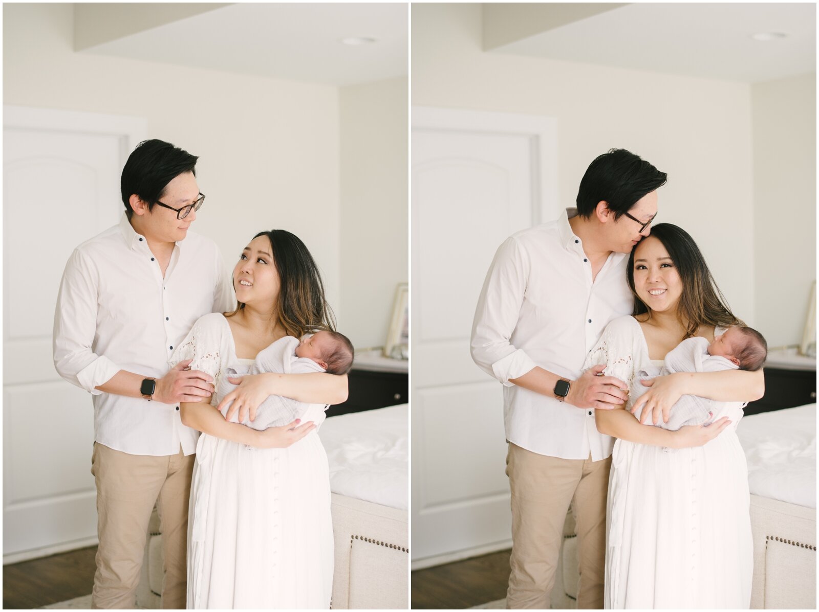  Mother and father with newborn baby boy at home. NKB Photo, New Jersey.  