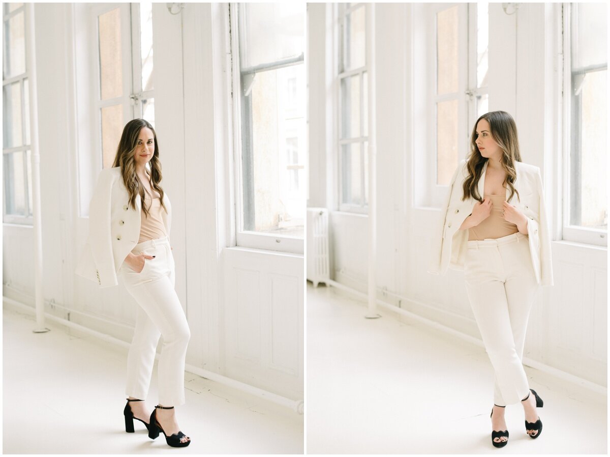 Side by side photos of woman standing in white room wearing white suit and nude top, black heels. Natural light brand portaits 