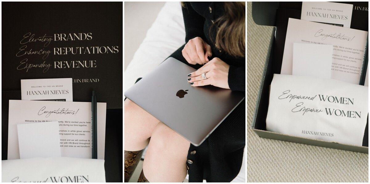  Branding collateral in black and white, woman opening MacBook  