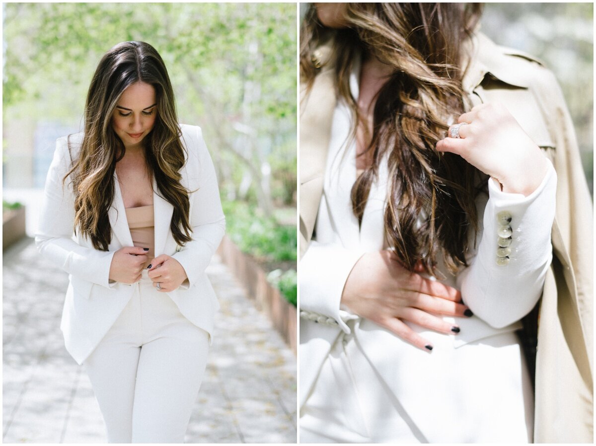  Brand photo poses looking away from camera, woman in white suit 