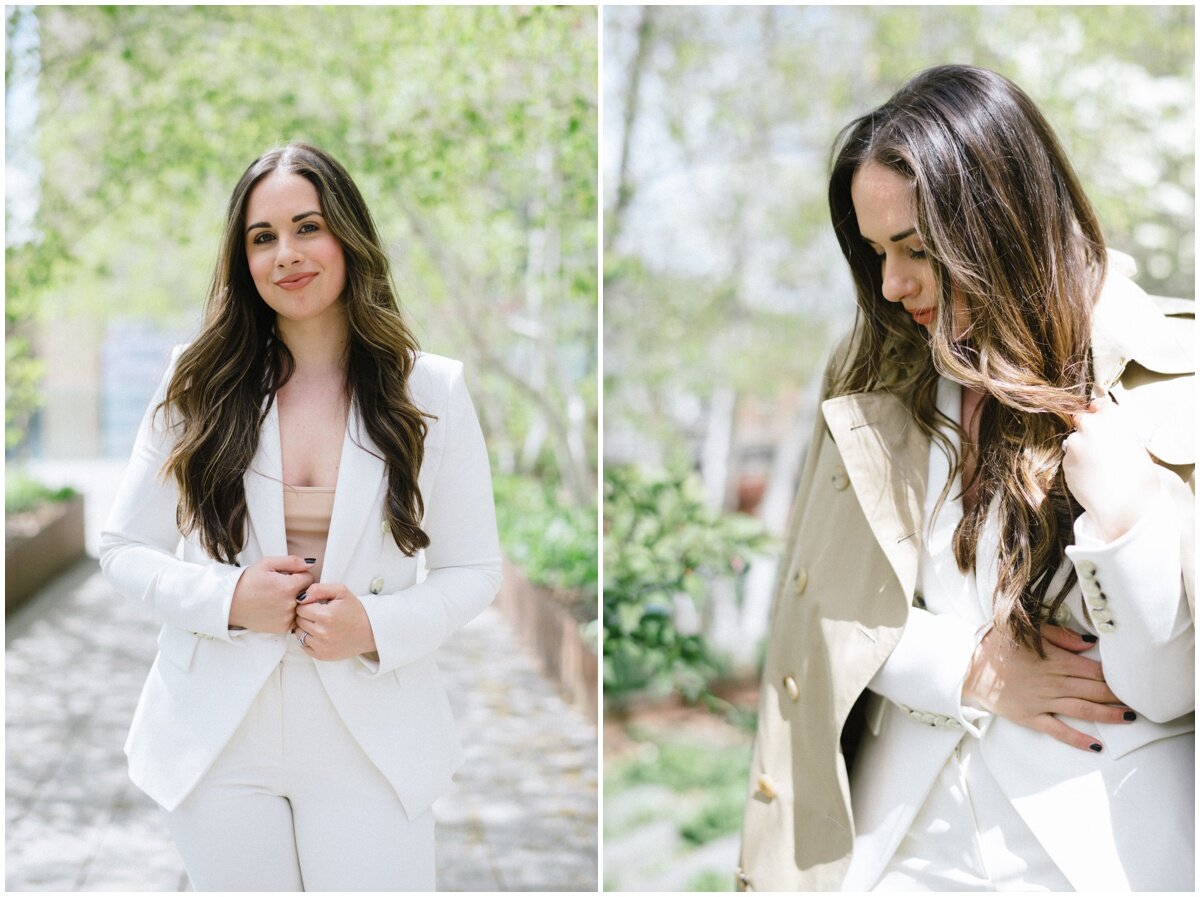 Side by side brand photos of woman in white suit, outside in NYC 
