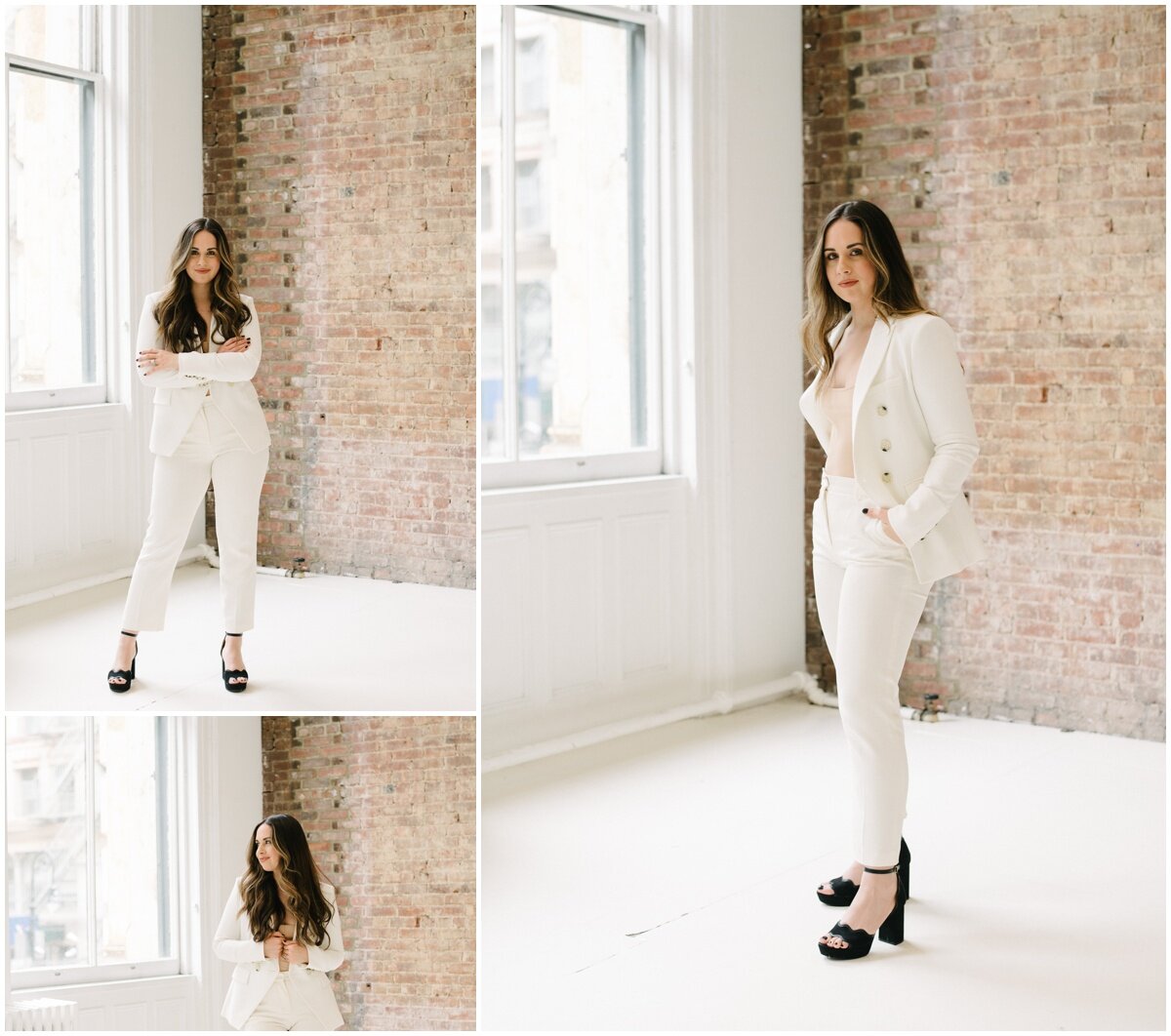  Collage of portraits, women in white with exposed brick wall as backdrop  