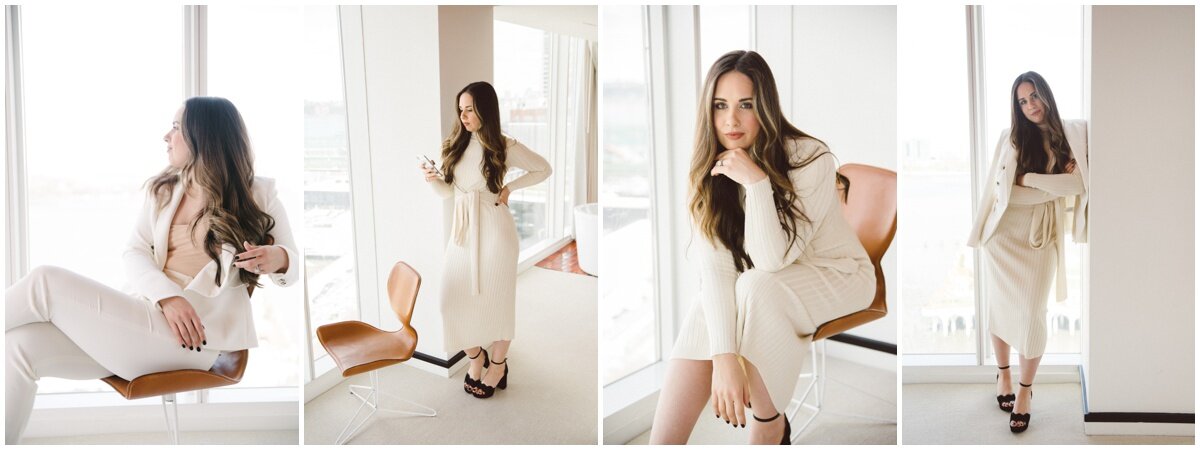  collage of brand photo poses, woman in white 