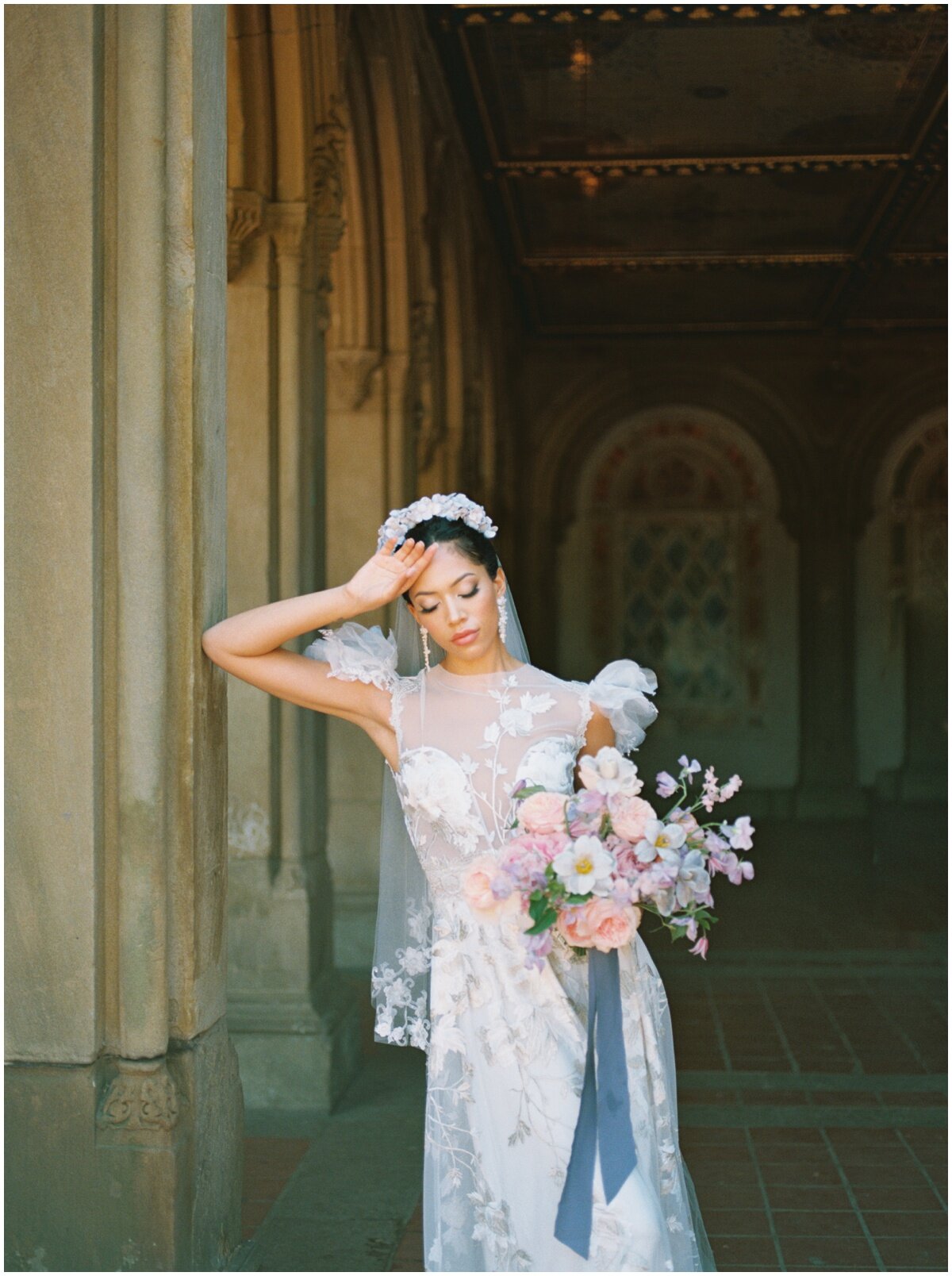  Bride with cap sleeve dress, bouquet wish cascading ribbon 