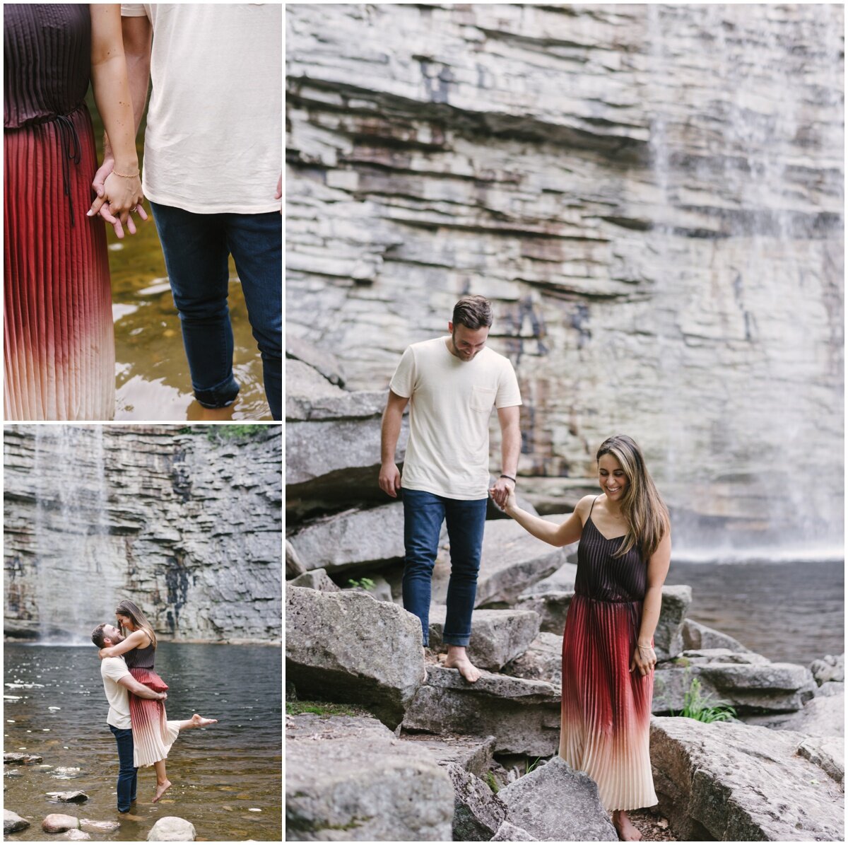 Couple taking pictures in front of waterfall during Minnewaska State Park Engagement Session | NKB Photo