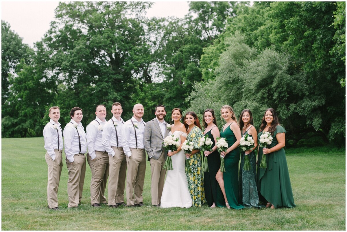  Wedding party wearing grey and green, touches of yellow during private estate wedding 