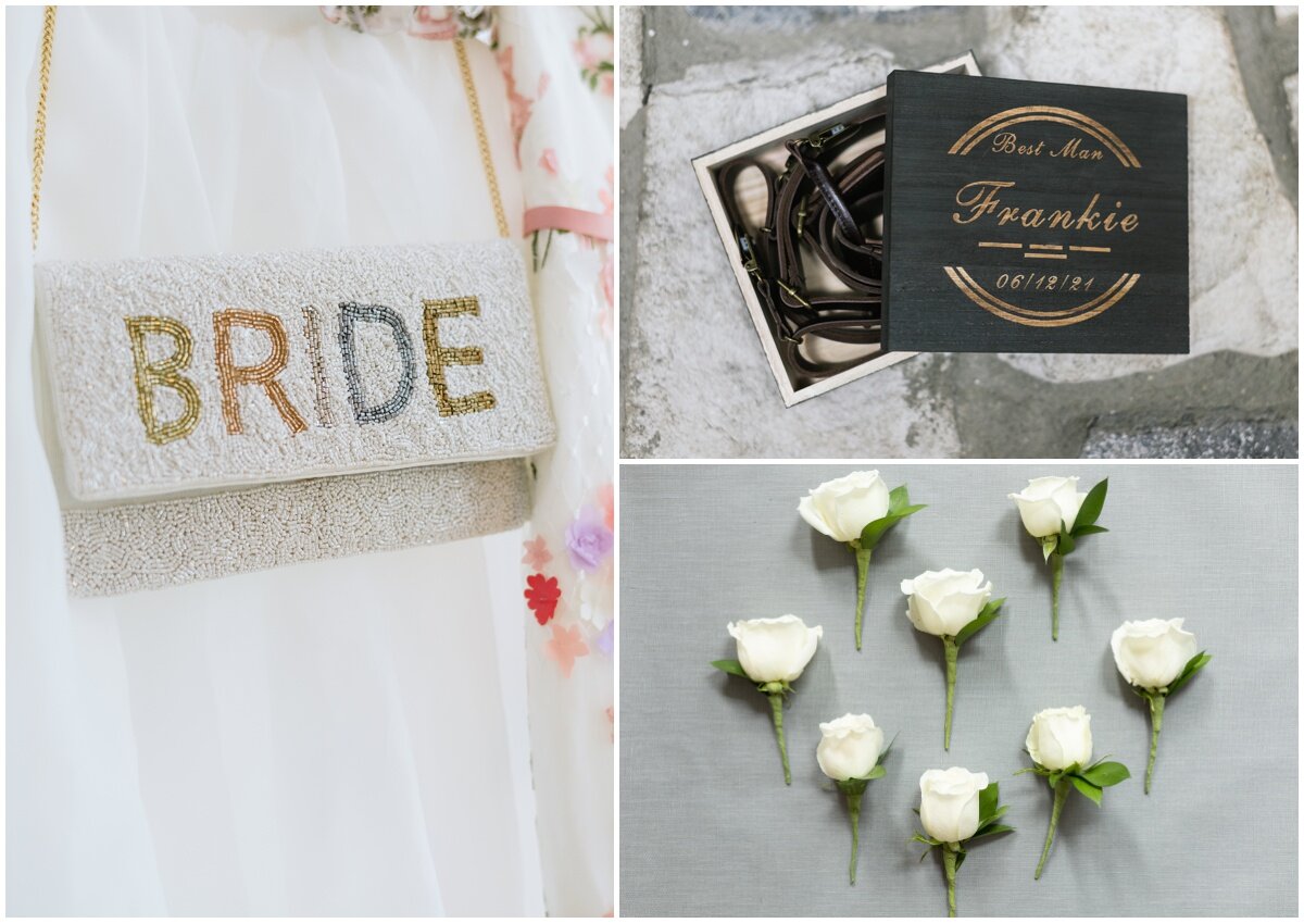  wedding day details- bride bag and boutonneires during private estate wedding 