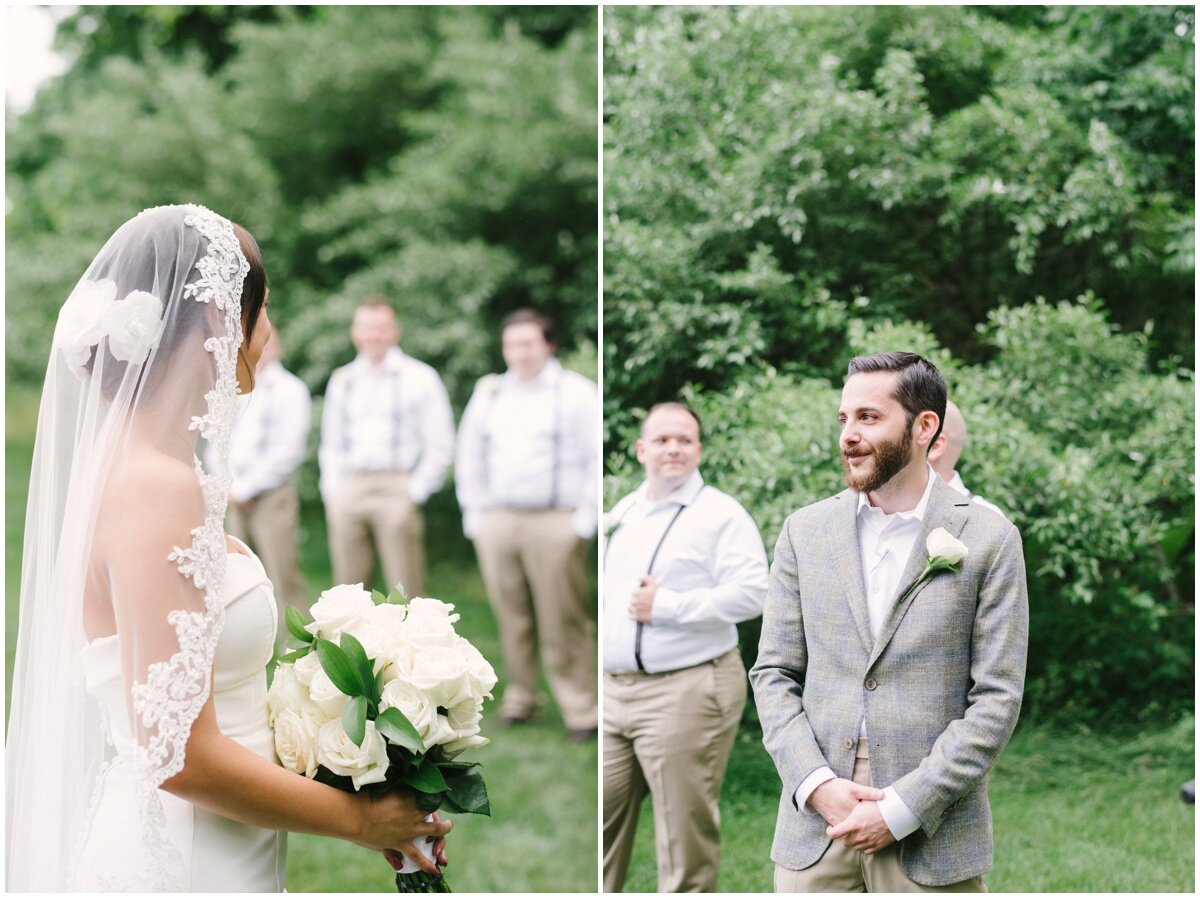  groom’s first look at bride coming down aisle during private estate wedding 