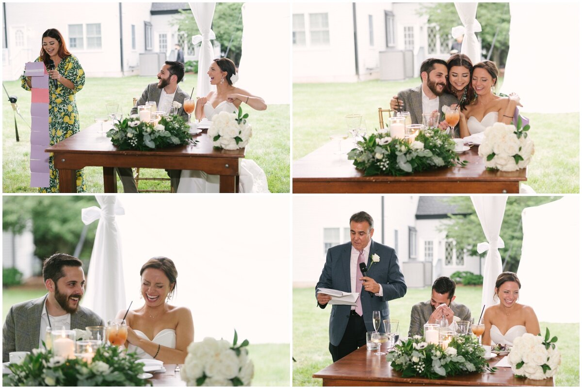  Wedding toasts, bride and groom laughing at private estate wedding 