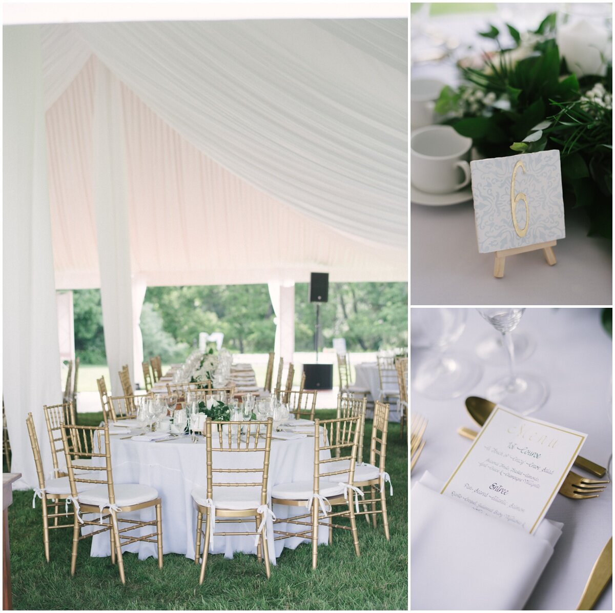  Tented wedding with white drape, gold chairs, white centerpiece at private estate wedding 