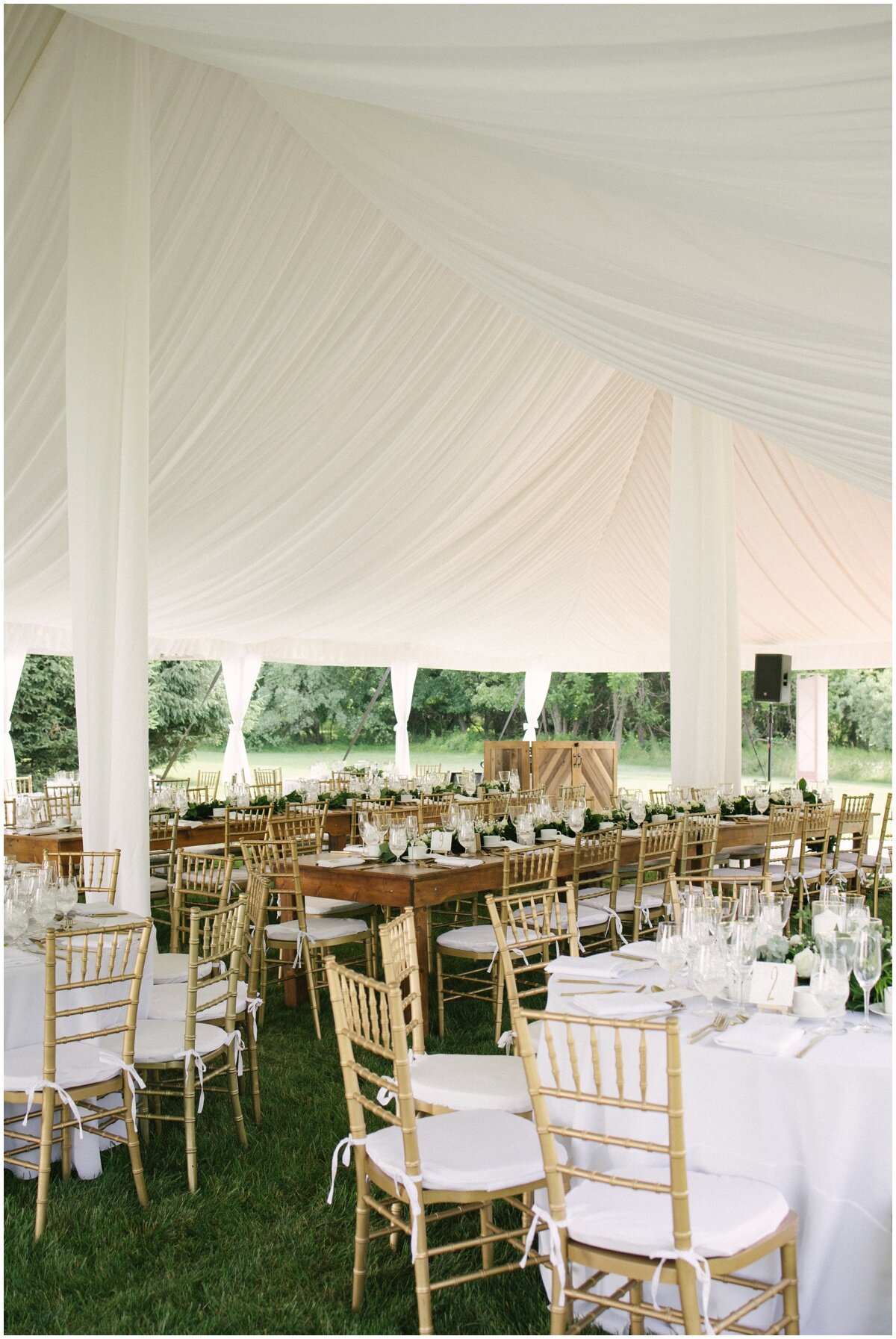  Tented wedding with white drape, mixed table size, gold chairs, white centerpiece at private estate wedding 