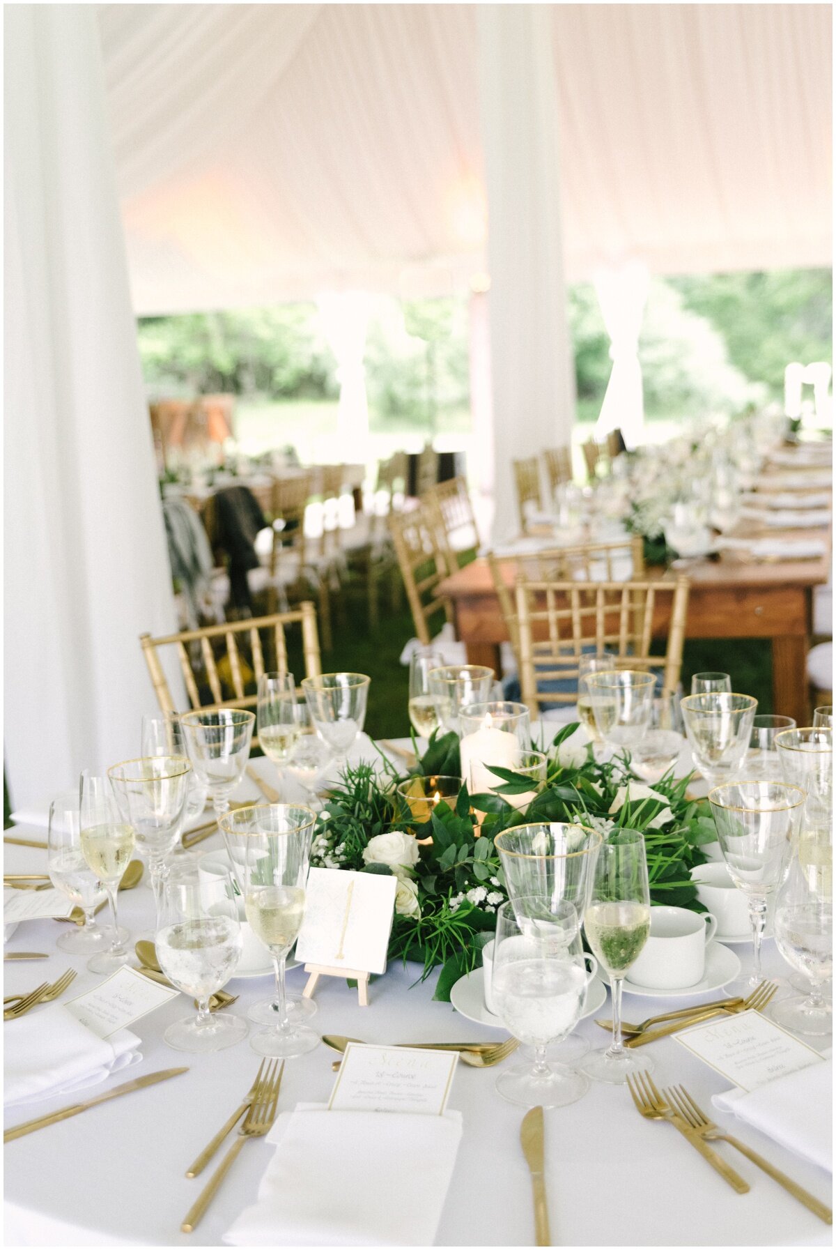  low greenery and white centerpiece at private estate wedding 