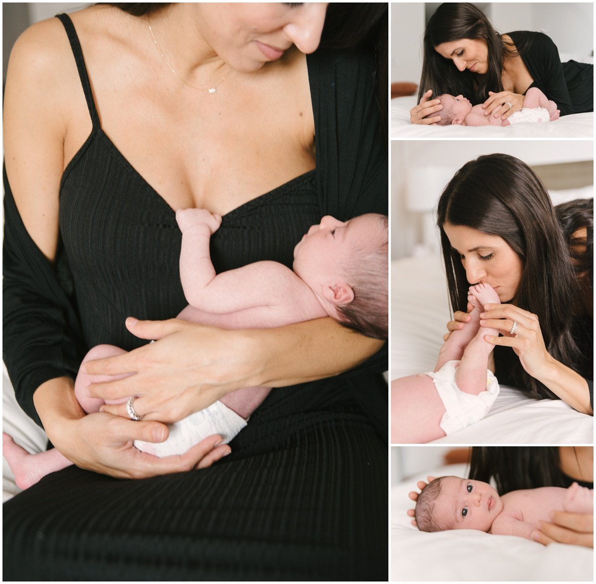 Mom holding baby while baby looks up at mom | Mom looking at baby and kissing baby's feet  during session with Jupiter photographer | NKB Photo