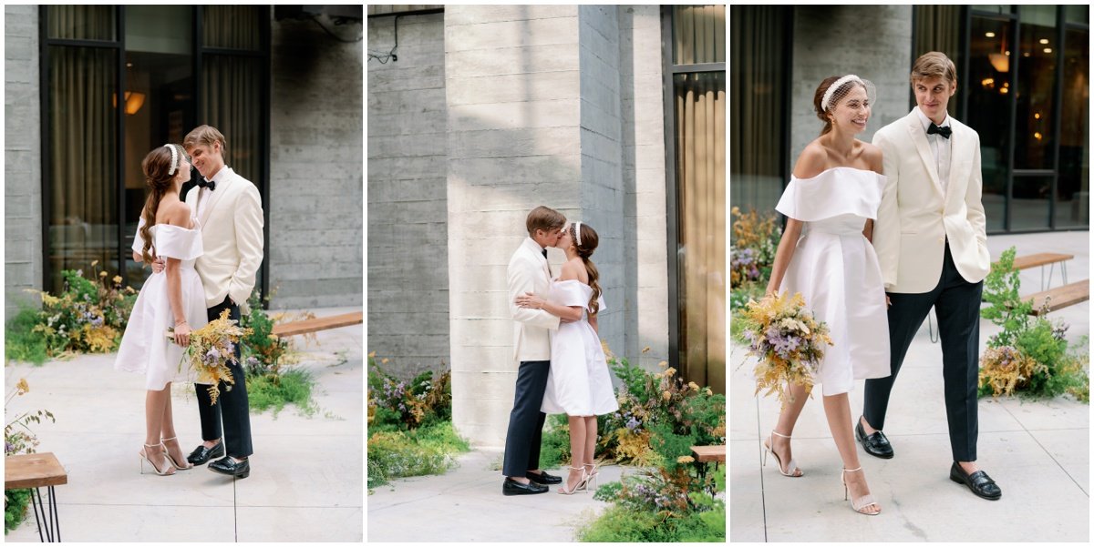 Bride wearing cocktail length gown and groom wearing white tuxedo jacket and black pants for beach elopement inspiration | NKB Photo