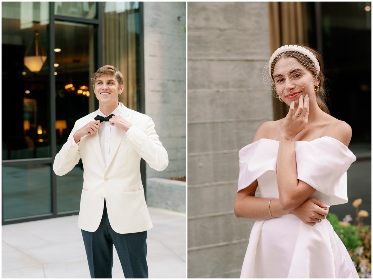 Man in white tux and woman in off the shoulder gown with white headband | NKB Photo